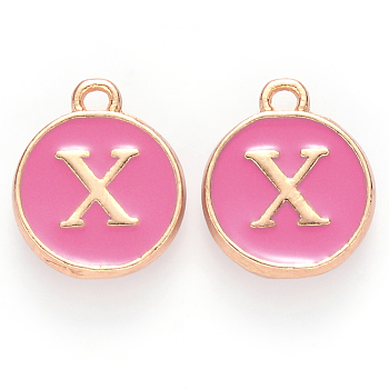 Golden Plated Alloy Enamel Charms, Cadmium Free & Lead Free, Enamelled Sequins, Flat Round with Letter, Camellia, Letter.X, 14x12x2mm, Hole: 1.5mm