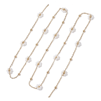 Flower Glass Beaded Link Chain, with 304 Stainless Steel Satellite Chain, Soldered, Golden, 11mm, about 3.18~3.20 Feet(0.97~0.975m)/pc