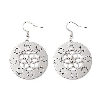 304 Stainless Steel Dangle Earrings, Flat Round, Stainless Steel Color, 54.5x35mm
