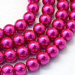 Baking Paint Pearlized Glass Pearl Round Bead Strands, Camellia, 4~5mm, Hole: 1mm, about 210pcs/strand, 31.4 inch(X-HY-Q003-4mm-17)