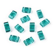 2-Hole Glass Seed Beads, Transparent Colours, Rectangle, Teal, 4.5~5.5x2x2~2.5mm, Hole: 0.5~0.8mm(SEED-T003-01B-12)