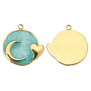 Stainless Steel Pendants, with Enamel, Golden, Flat Round with Moon & Heart Charm, Turquoise, 17x17mm(PW-WG12496-02)