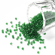 12/0 Grade A Round Glass Seed Beads, Transparent Frosted Style, Green, 2x1.5mm, Hole: 0.8mm, 30000pcs/bag(SEED-Q006-M22)