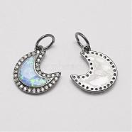 Brass Cubic Zirconia Charms, with Synthetic Opal, Moon, Cadmium Free & Lead Free, Gunmetal, 14.5x13x2mm, Hole: 4.5mm(ZIRC-P036-22-B03-RS)