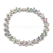 Rack Plating Brass Pave Cubic Zirconia Butterfly Link Bracelets for Women, Long-Lasting Plated, Platinum, Colorful, 7-3/8 inch(18.6cm)(BJEW-B110-05P-01)