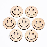 Undyed Natural Wooden Pendants, Laser Cut, Smiling Face, Antique White, 27x2.5mm, Hole: 2mm(X-WOOD-S058-027)