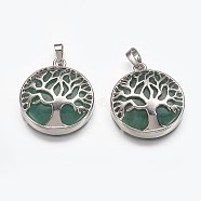 Natural Green Aventurine Pendants, with Brass Finding, Flat Round with Tree of Life, Platinum, 31x27x6mm, Hole: 5x8mm(G-E449-C04)