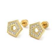 304 Stainless Steel Stud Earrings with Rhinestone, Hollow Pentagon, Real 14K Gold Plated, 9x9mm(EJEW-G364-12G)