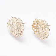 Brass Stud Earring Findings, Nickel Free, Real 18K Gold Plated, Hollow, Golden, 17x20mm, pin: 0.8mm(X-KK-Q735-144G)