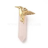 Bird Natural Rose Quartz Pointed Pendants, with Ion Plating(IP) Platinum & Golden Tone 304 Stainless Steel Findings, Faceted Bullet Charm, 40.5mm, Bird: 19.5x25.5x2.5mm, Bullet: 33.5x8.5x8mm, Hole: 3.4mm(G-I333-05G)