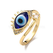Lampwork Evil Eye Open Cuff Ring with Clear Cubic Zirconia, Real 18K Gold Plated Brass Jewelry for Women, Blue, Inner Diameter: 18mm(RJEW-L104-05G-04)