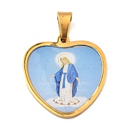 Ion Plating(IP) 304 Stainless Steel Pendants, with Enamel, Heart with Saint Charm, Religion, Golden, 31x29x2mm, Hole: 9x5.5mm(STAS-H182-11A-G)