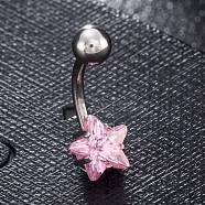 Piercing Jewelry, Brass Cubic Zirciona Navel Ring, Belly Rings, with 304 Stainless Steel Bar, Lead Free & Cadmium Free, Star, Pink, 20mm, Star: 8mm, Bar: 15 Gauge(1.5mm), Bar Length: 3/8"(10mm)(AJEW-EE0006-50B)