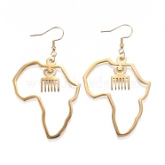 201 Stainless Steel Dangle Earrings, Africa Map, Adinkra Gye Nyame, Real 18K Gold Plated, 71mm, Pin: 0.8mm(EJEW-O101-03G)
