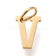 304 Stainless Steel Pendants, with Jump Rings, Manual Polishing, Golden, Letter.V, 10x8x1mm, Hole: 4.5mm(STAS-M276-A07)