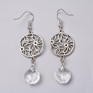 Natural Quartz Crystal Dangle Earrings, with Brass Pins and Alloy Pendants, Flat Round with Flower, 62mm, Pendant: 45x20mm, Pin: 0.6mm(EJEW-I225-A08)