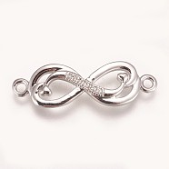 Brass Micro Pave Cubic Zirconia Links, Double Infinity, Clear, Platinum, 9x29x3mm, Hole: 1.5mm(ZIRC-K078-24P)