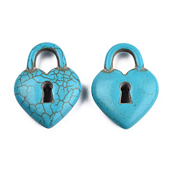 Synthetic Turquoise Pendants, Dyed, Heart Padlock, Dark Turquoise, 33x24~24.5x7mm, Hole: 8mm(X-TURQ-S283-04A)