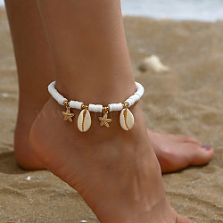 Handmade Heishi Polymer Clay Beaded Anklets, Starfish Alloy & Cowrie Shell Charm Anklets, Golden, 8-1/4 inch(210mm)(WG57D89-06)