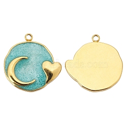Stainless Steel Pendants, with Enamel, Golden, Flat Round with Moon & Heart Charm, Turquoise, 17x17mm(PW-WG12496-02)