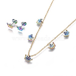 (Jewelry Parties Factory Sale), 304 Stainless Steel Jewelry Sets, Cable Chains Pendant Necklaces and Stud Earrings, with Ear Nuts/Earring Back, Crown, Rainbow Color, 16.6 inch(42.4cm), 1.5mm, 6.5x9.5x1mm, Pin: 0.7mm(SJEW-F210-06G)
