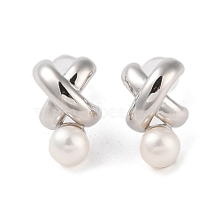 Sterling Silver Stud Earrings, with Natural Pearl, Jewely for Women, Letter X, 14.5x8.5mm(EJEW-C087-11B-P)