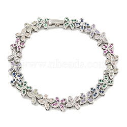 Rack Plating Brass Pave Cubic Zirconia Butterfly Link Bracelets for Women, Long-Lasting Plated, Platinum, Colorful, 7-3/8 inch(18.6cm)(BJEW-B110-05P-01)