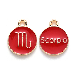 Alloy Enamel Pendants, Cadmium Free & Lead Free, Flat Round with Constellation, Light Gold, Red, Scorpio, 22x18x2mm, Hole: 1.5mm(X-ENAM-S124-01A-07L)