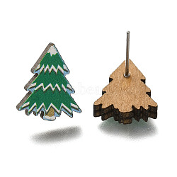 Christmas Printed Wood Stud Earrings for Women, with 316 Stainless Steel Pin, Platinum, Christmas Tree, 15.5~16x13mm, Pin: 0.6mm(EJEW-U025-01D)