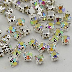 Sew on Rhinestone, Grade A Glass Rhinestone, with Brass Prong Settings, Garments Accessories, Silver Color Plated Metal Color, Crystal AB, 3~3.2x3~3.2mm, Hole: 1mm, about 1440pcs/bag(RB-J179-SS12-101)