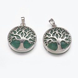 Natural Green Aventurine Pendants, with Brass Finding, Flat Round with Tree of Life, Platinum, 31x27x6mm, Hole: 5x8mm(G-E449-C04)