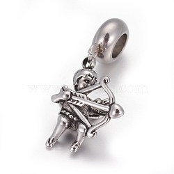 Retro 304 Stainless Steel European Style Dangle Charms, Large Hole Pendants, Cupid/Cherub, Antique Silver, 26mm, Hole: 4.5mm, Pendant: 16x15x8mm(OPDL-L013-47AS)