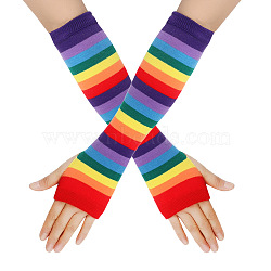 Acrylic Fiber Yarn Knitting Fingerless Gloves, Rainbow Strip Pattern Long Elastic Winter Warm Gloves with Thumb Hole, Colorful, 300~330x90mm(COHT-PW0002-03E)