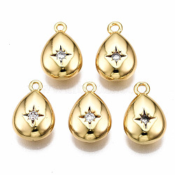 Brass Micro Pave Clear Cubic Zirconia Pendants, Nickel Free, Teardrop with Star, Real 18K Gold Plated, 15x10x5mm, Hole: 1.4mm(KK-T063-79G-NF)