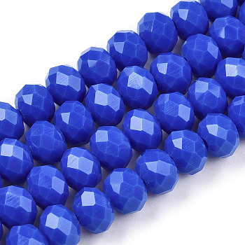 Opaque Solid Color Glass Beads Strands, Faceted, Rondelle, Royal Blue, 8x6mm, Hole: 1mm, about 65~68pcs/strand, 15.7~16.1 inch(40~41cm)