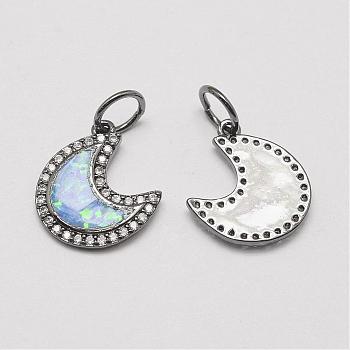 Brass Cubic Zirconia Charms, with Synthetic Opal, Moon, Cadmium Free & Lead Free, Gunmetal, 14.5x13x2mm, Hole: 4.5mm