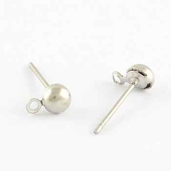 304 Stainless Steel Ball Post Stud Earring Findings, with Loop for Dangling Charms, Stainless Steel Color, 6x4x3mm, Hole: 1mm, Pin: 0.5mm
