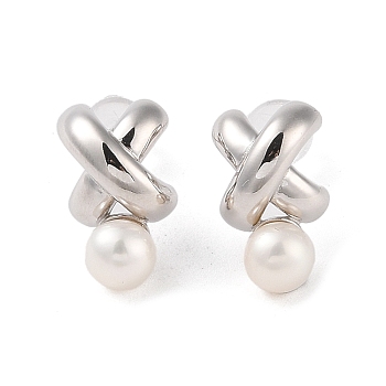 Sterling Silver Stud Earrings, with Natural Pearl, Jewely for Women, Letter X, 14.5x8.5mm