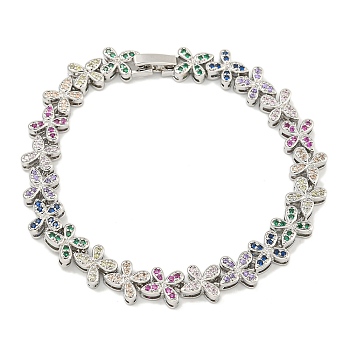 Rack Plating Brass Pave Cubic Zirconia Butterfly Link Bracelets for Women, Long-Lasting Plated, Platinum, Colorful, 7-3/8 inch(18.6cm)