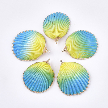 Spray Paint & Electroplate Sea Shell Pendants, with Brass Findings, Golden, Deep Sky Blue, 35~50x31~41x12~17mm, Hole: 1.5mm