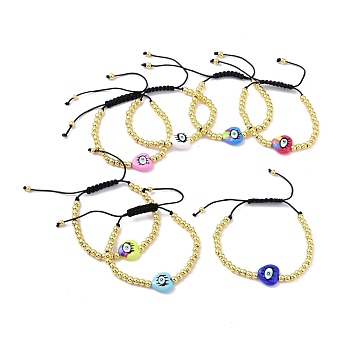 Enamel Evil Eye Heart & Brass Braided Bead Bracelet for Women, Cadmium Free & Lead Free, Mixed Color, Inner Diameter: 2~3-1/8 inch(5.05~8cm)