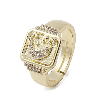 Brass Adjustable Rings, with Cubic Zirconia, Square with Moon, Real 18K Gold Plated, US Size 6 1/4(16.7mm)