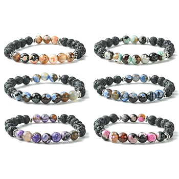 Dyed Natural Fire Crackle Agate Stretch Bracelets, Natural Lava Rock Round Bead, Mixed Color, Inner Diameter: 2-1/8 inch(5.5cm)
