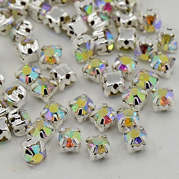 Sew on Rhinestone, Grade A Glass Rhinestone, with Brass Prong Settings, Garments Accessories, Silver Color Plated Metal Color, Crystal AB, 3~3.2x3~3.2mm, Hole: 1mm, about 1440pcs/bag