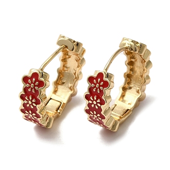 Flower Real 18K Gold Plated Brass Hoop Earrings, with Enamel, Red, 19x6mm