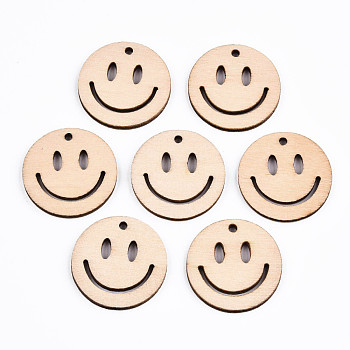 Undyed Natural Wooden Pendants, Laser Cut, Smiling Face, Antique White, 27x2.5mm, Hole: 2mm