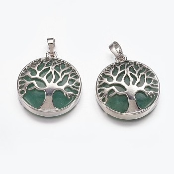 Natural Green Aventurine Pendants, with Brass Finding, Flat Round with Tree of Life, Platinum, 31x27x6mm, Hole: 5x8mm