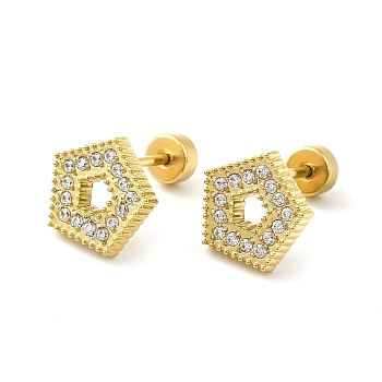 304 Stainless Steel Stud Earrings with Rhinestone, Hollow Pentagon, Real 14K Gold Plated, 9x9mm