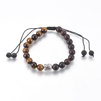 Adjustable Nylon Cord Braided Bracelets, with Natural Mixed Stone Beads and Wood Beads, Tibetan Style Alloy Beads, Buddha Head, 2-1/8 inch(5.4cm)~4 inch(10.3cm)