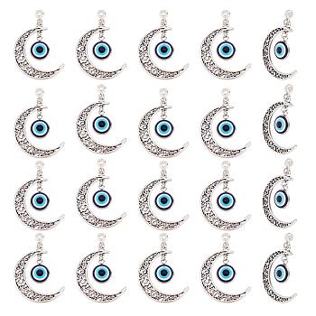 Alloy Hollow Moon Big Pendants, with Blue Resin Evil Eyes, Antique Silver, Cadmium Free & Lead Free, Antique Silver, 50.5mm, Hole: 3.6mm, 20pcs/box
